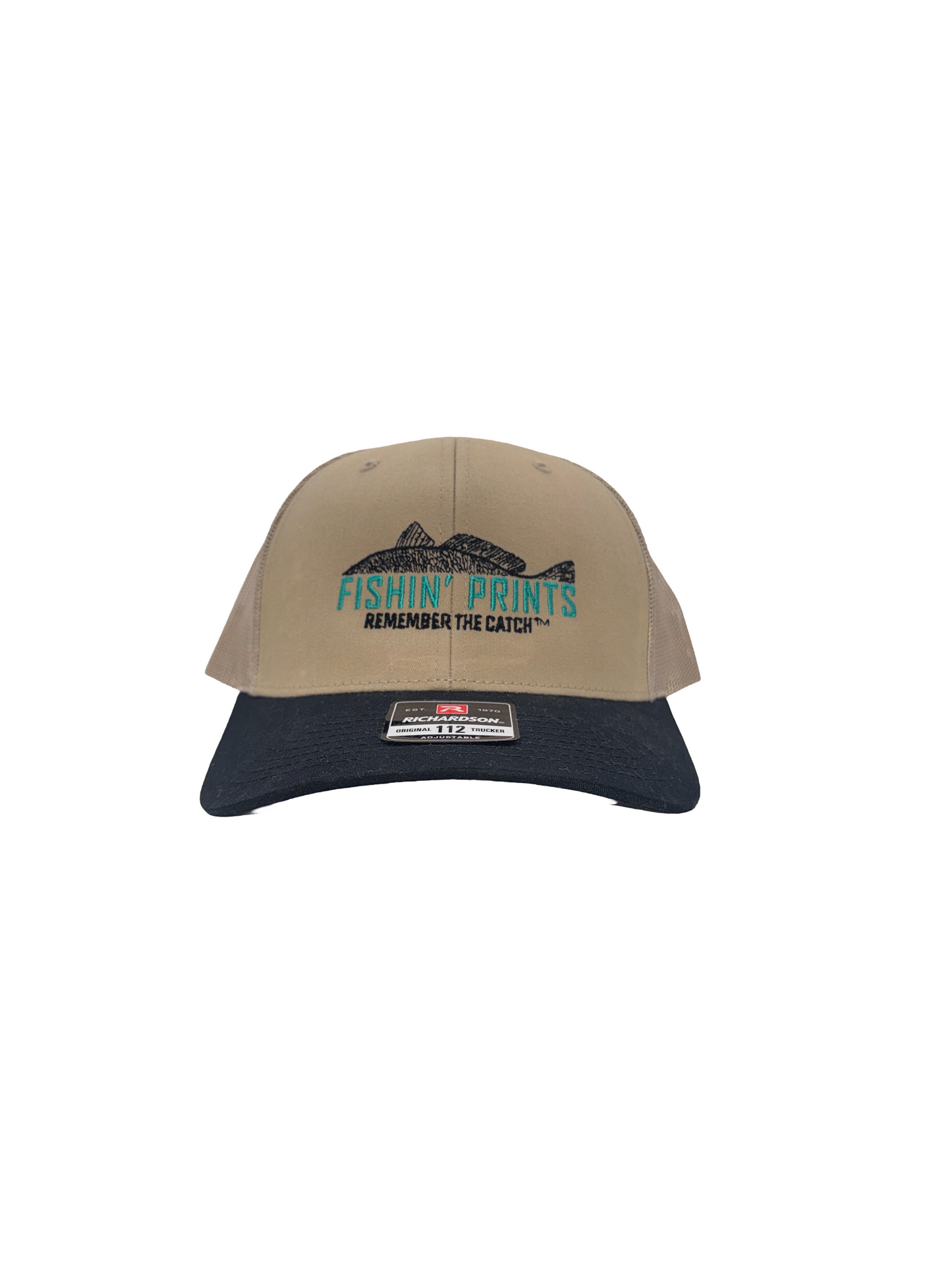 Fishin Prints Brown Black Richardson 112 trucker hat – embroidered fishing hat gyotaku fish logo