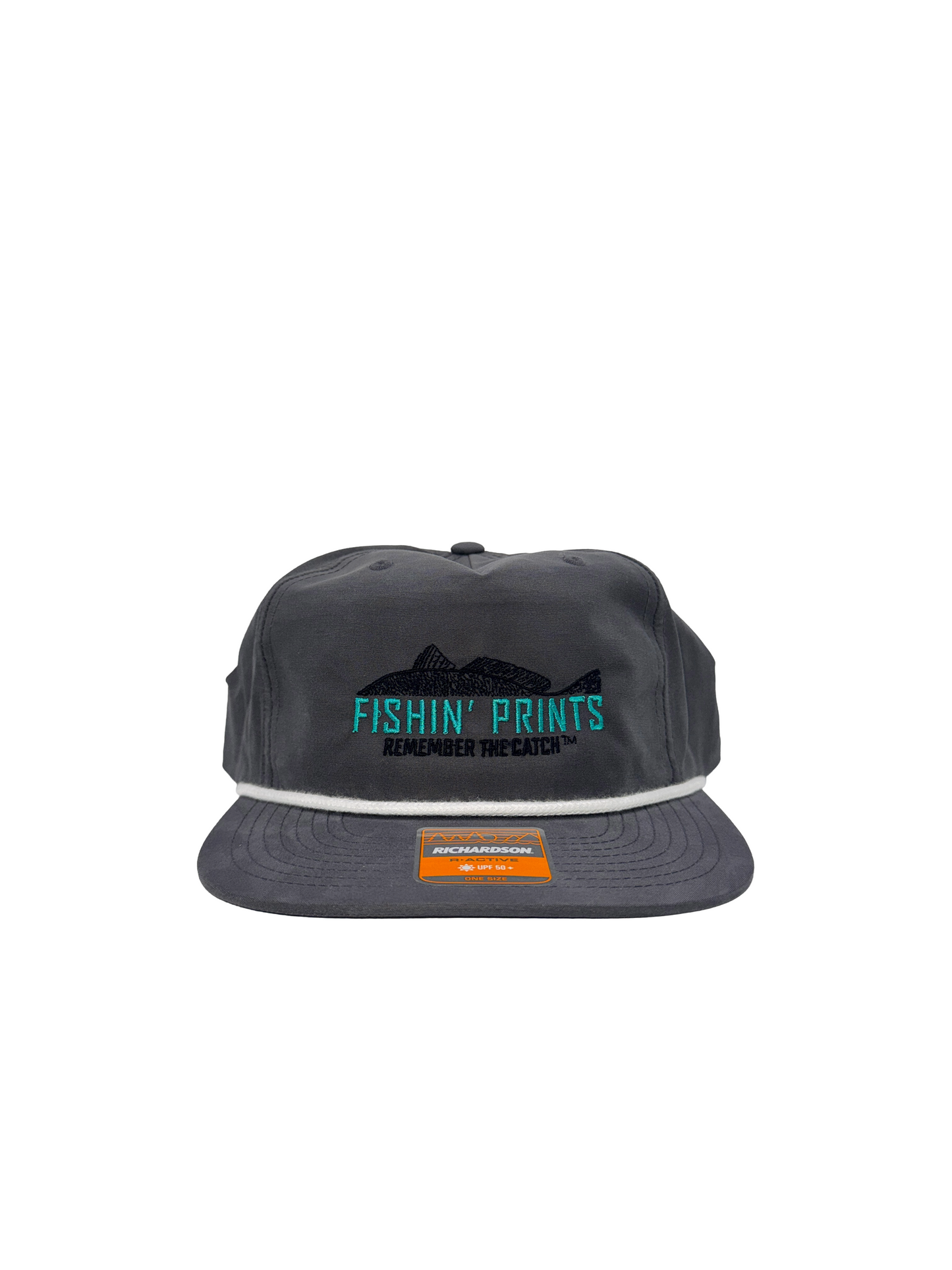 Fishin Prints Charcoal rope hat – Richardson R-Active flat brim fishing hat UPF 50 remember the catch