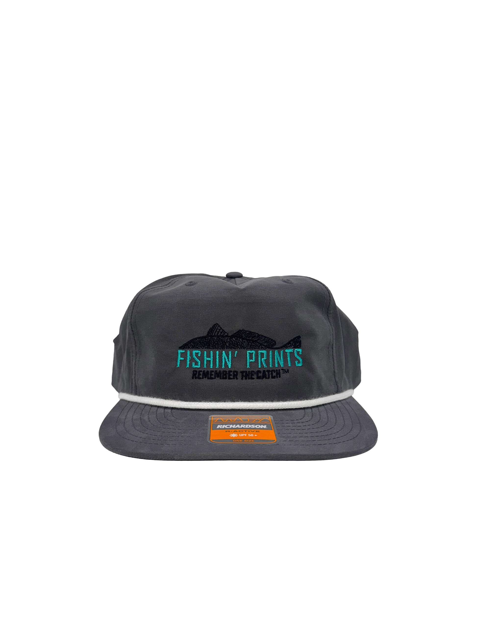 Fishin Prints Charcoal rope hat – Richardson R-Active flat brim fishing hat UPF 50 remember the catch