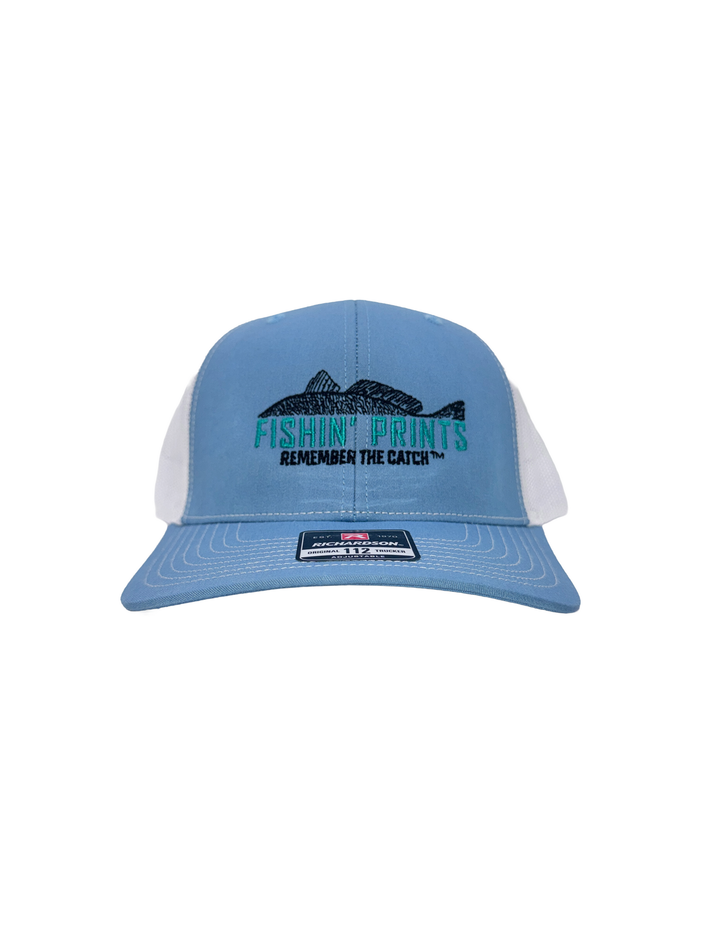 Fishin Prints Columbia Blue White Richardson 112 trucker hat – embroidered fishing hat remember the catch