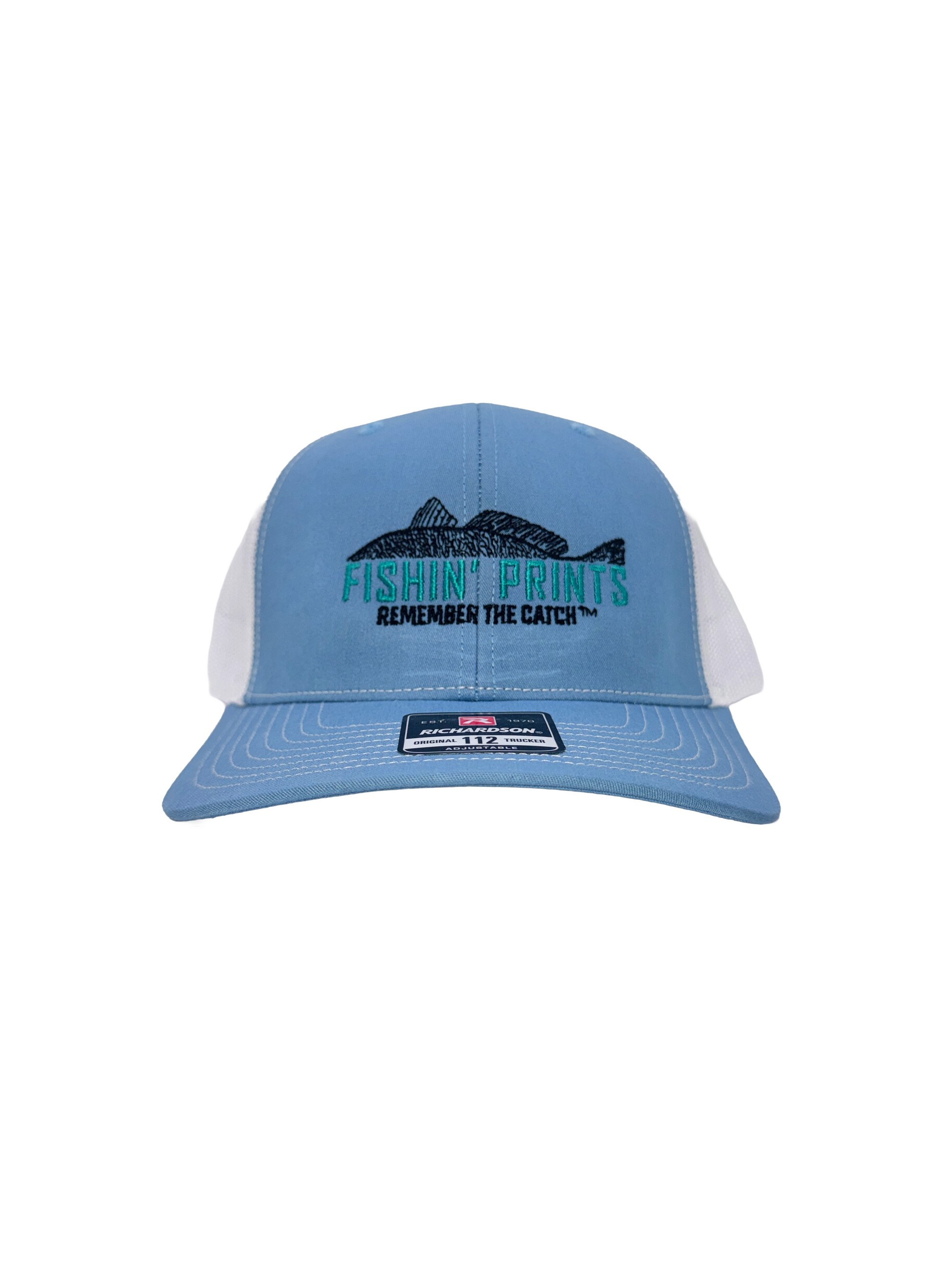 Fishin Prints Columbia Blue White Richardson 112 trucker hat – embroidered fishing hat remember the catch