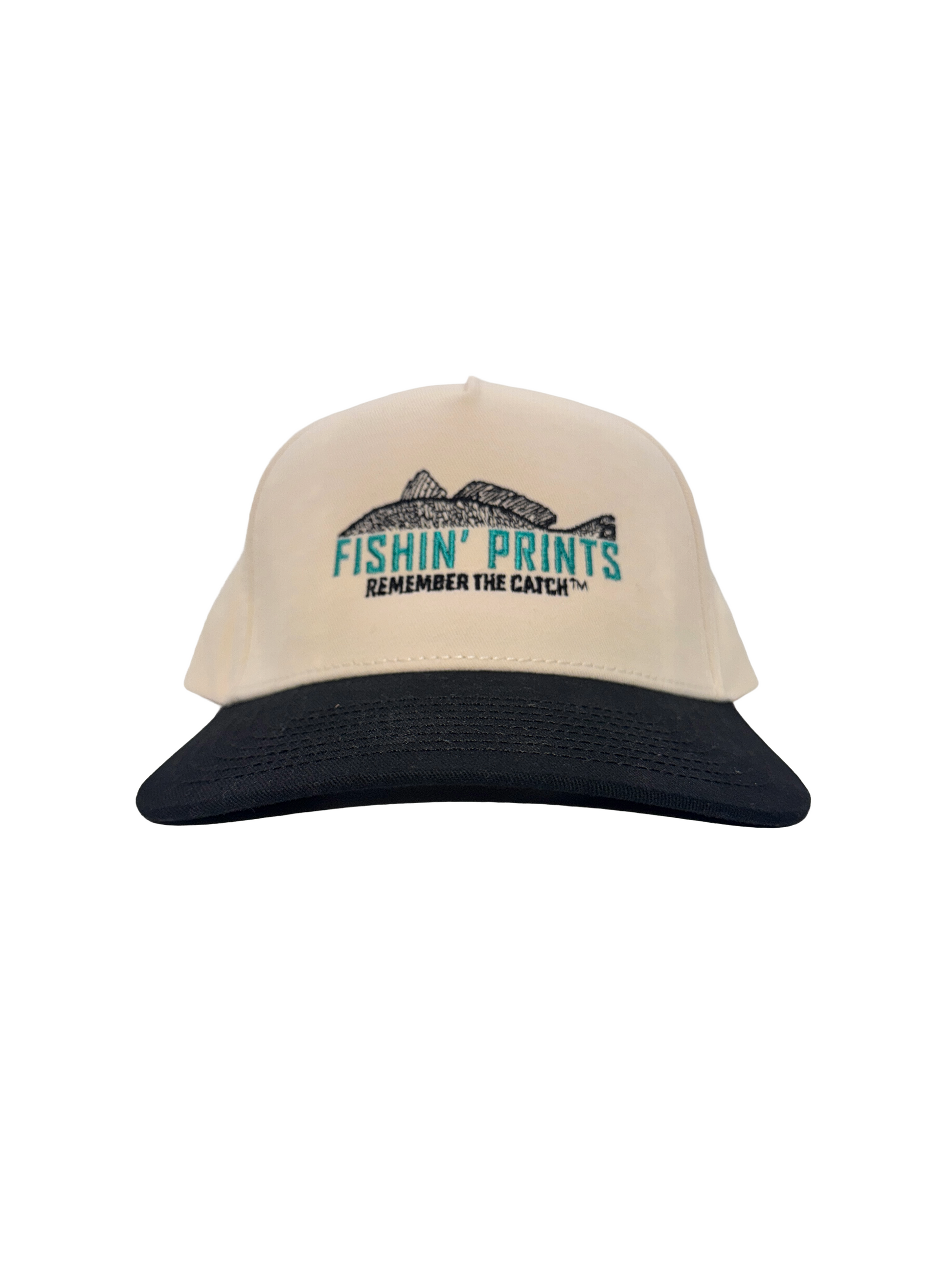 Fishin Prints Cream Black ball cap – structured fishing hat with embroidered gyotaku fish logo