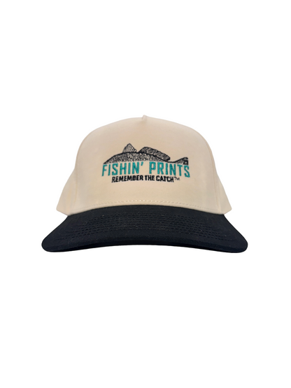 Fishin Prints Cream Black ball cap – structured fishing hat with embroidered gyotaku fish logo