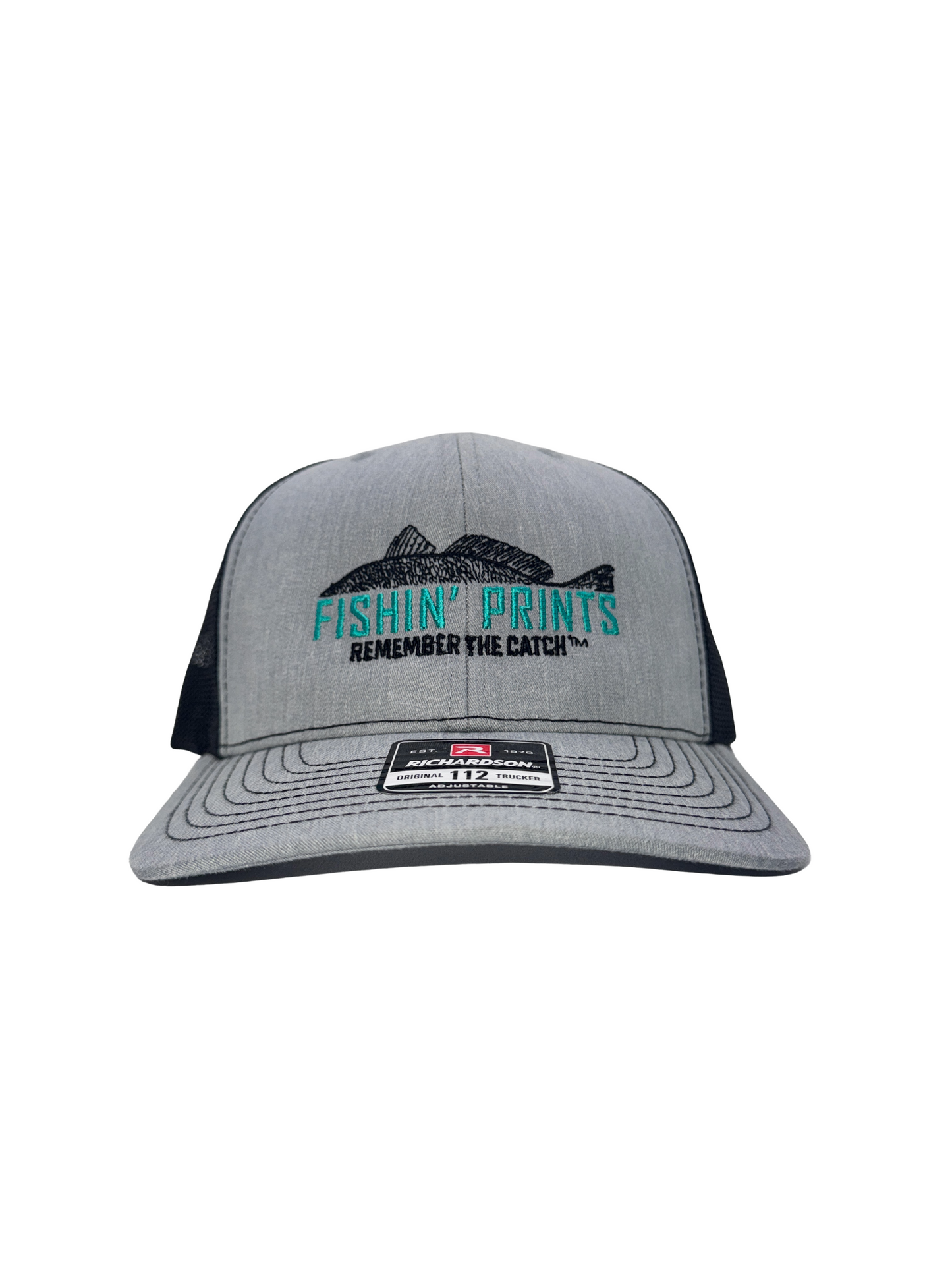 Fishin Prints Heather Gray Black Richardson 112 trucker hat – embroidered fishing snapback hat
