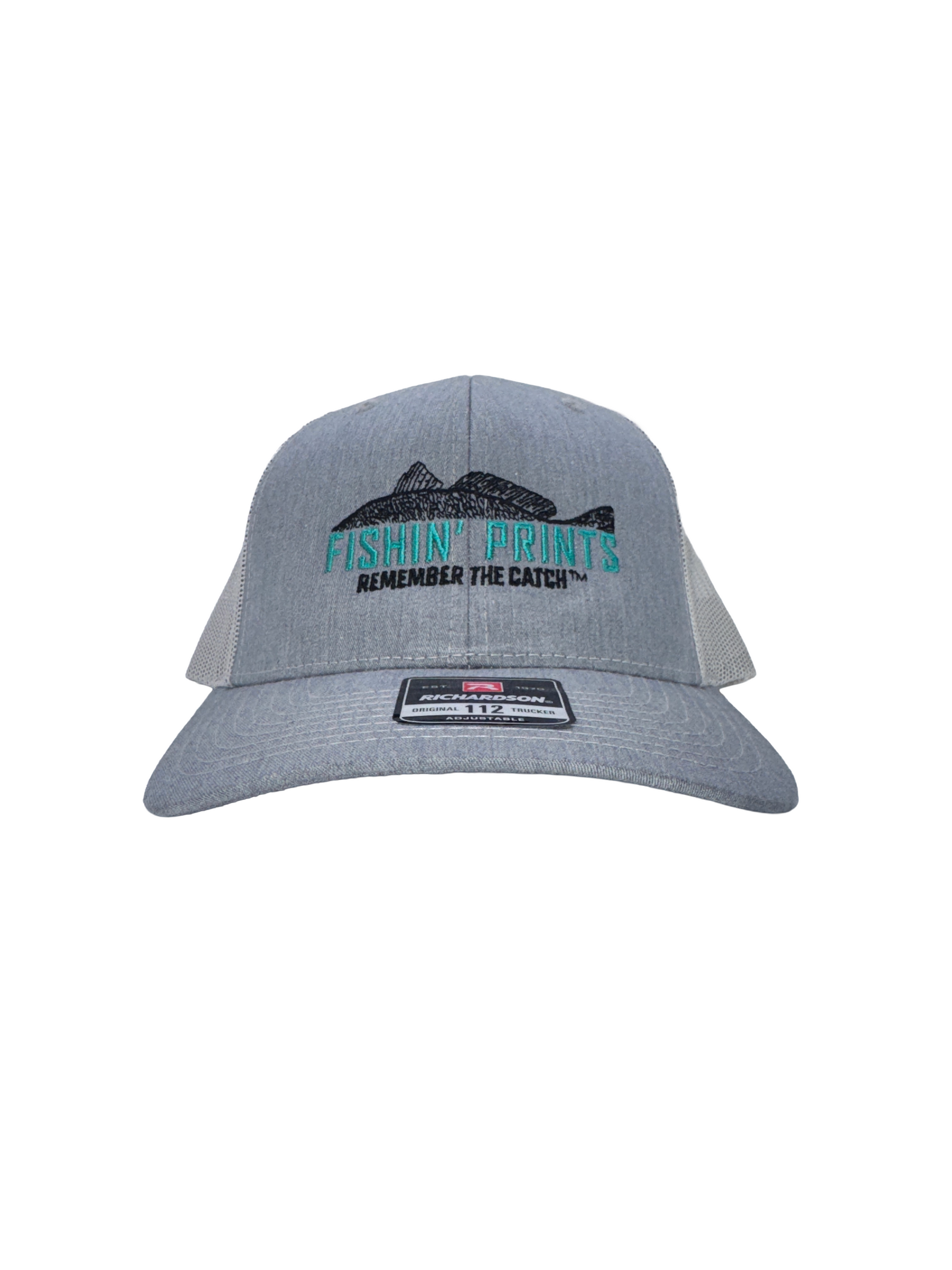Fishin Prints Heather Gray Slate Richardson 112 trucker hat – embroidered fishing snapback hat