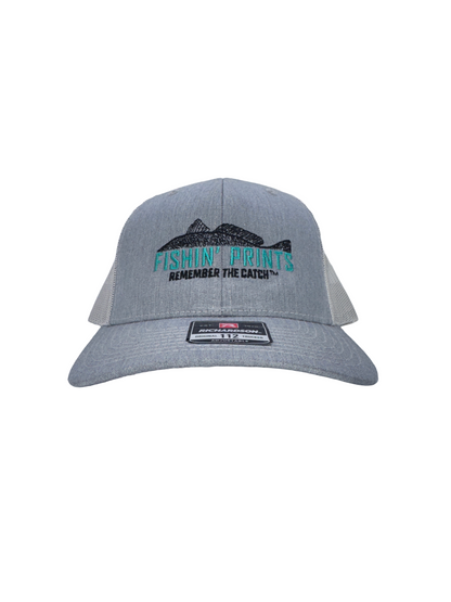 Fishin Prints Heather Gray Slate Richardson 112 trucker hat – embroidered fishing snapback hat