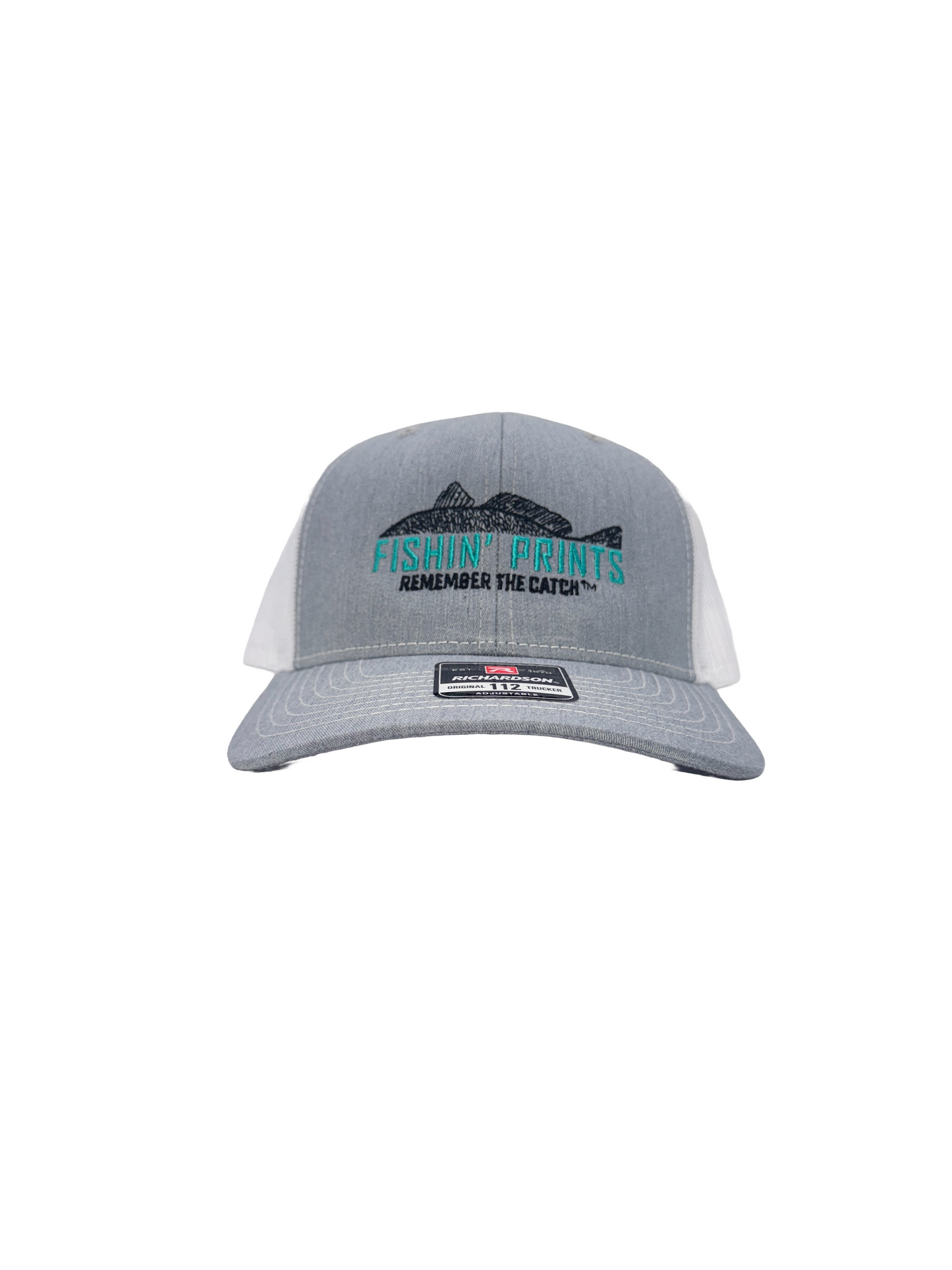 Fishin Prints Heather Gray White Richardson 112 trucker hat – embroidered fishing snapback hat remember the catch