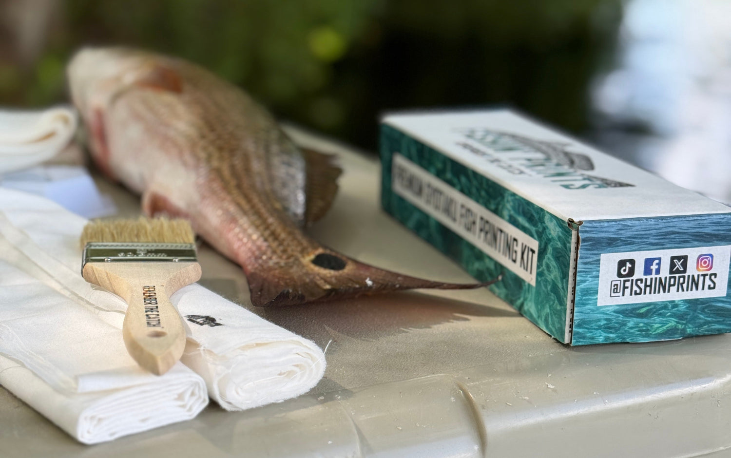 Fish printing kit kit with fish, brush, and towels on a table outdoors with a redrum.